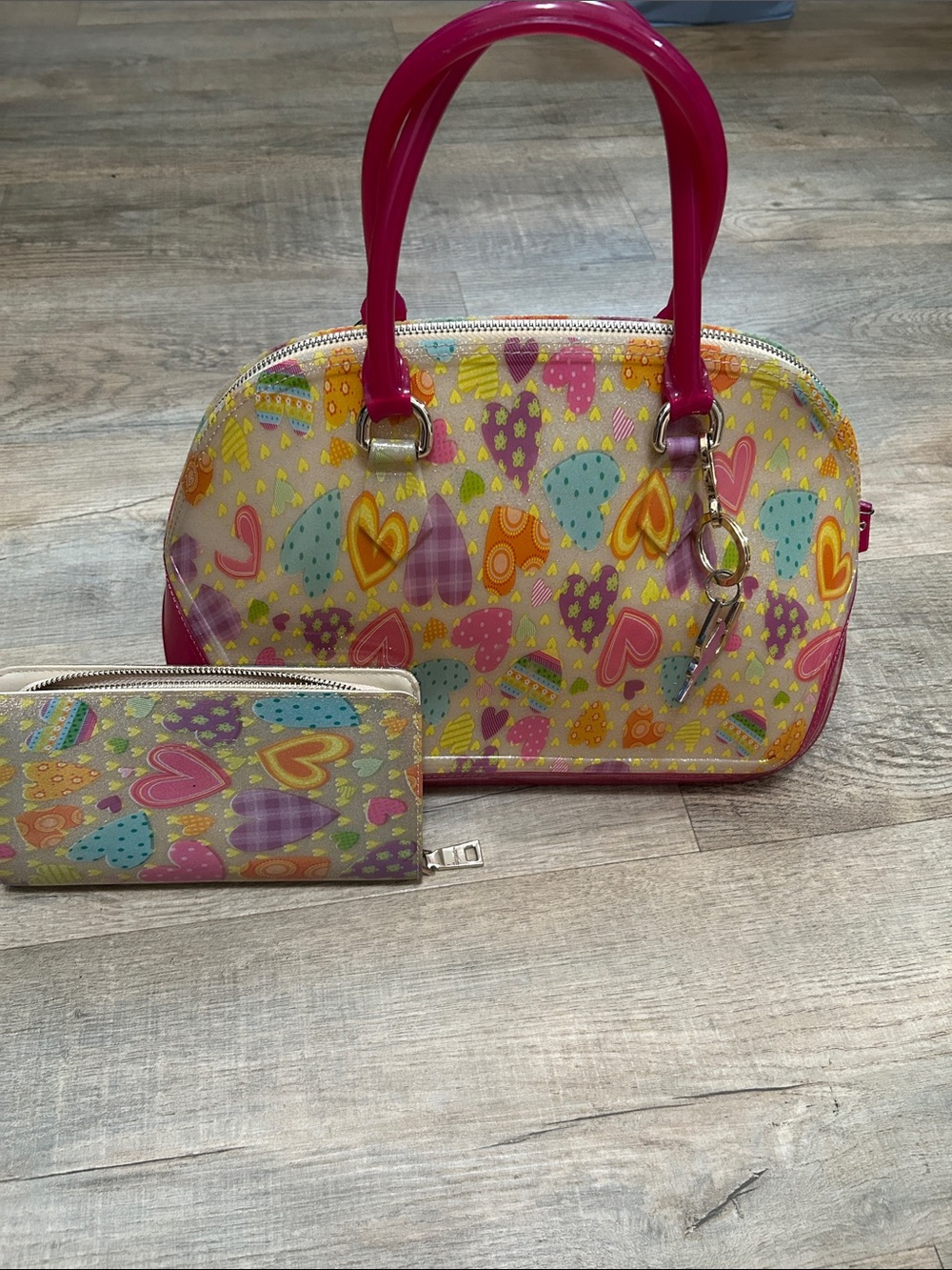 Sapsucker Heart Print Pink Jelly Satchel Bag with Matching Wallet